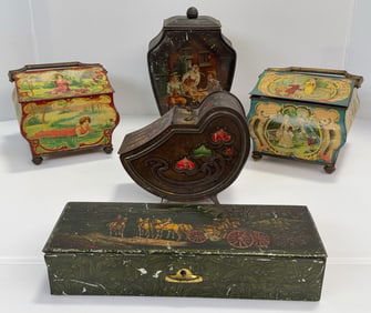 Group Of Five Antique Huntley & Palmer Biscuit Tins