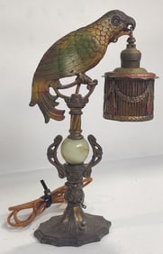 Antique Art Deco Painted Cast Iron Parrot Lamp