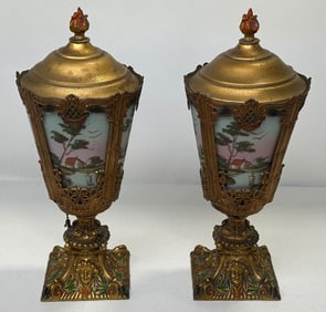 Pair Of Vintage Glass Insert Lidded Urn Lamps