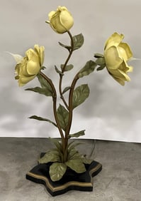 Vintage Painted Metal Yellow Rose 2-Socket Lamp