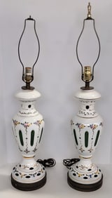 Pair Of Vintage Bohemian White Cased Glass Cut To Green Table Lamps