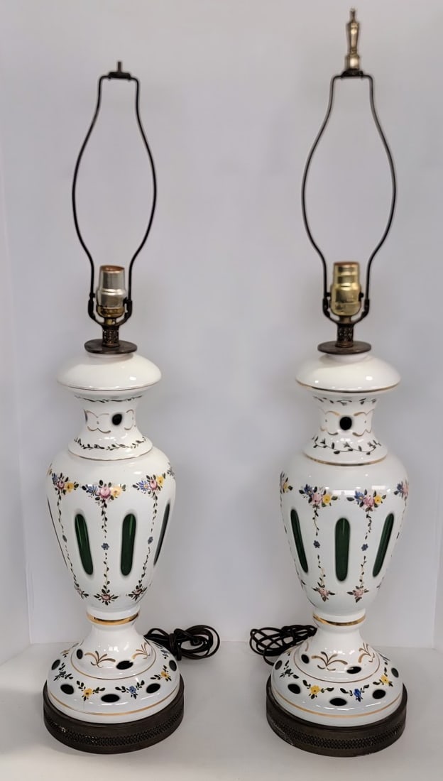 Pair Of Vintage Bohemian White Cased Glass Cut To Green Table Lamps (1 of 12)