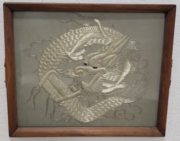 Framed Chinese Embroidered Silver Dragon
