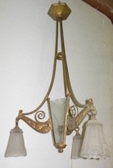 French bronze light fixture with 3 art glass shades: French bronze light fixture with 3 art glass shades