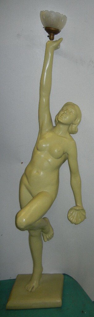 American Composition Statue from South Town Theatre, fu: American Composition Statue from South Town Theatre, full size nude woman w/ clamshell and light fixture in hands