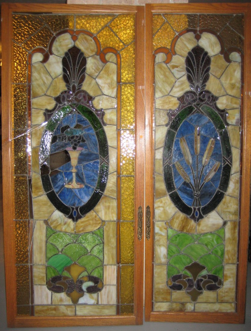 Pair of Large Stained Glass and Leaded Panel Doors, Gra: Pair of Large Stained Glass and Leaded Panel Doors, Grape and Chalice Design, Window 31" W x 78" H, Wheat Design Window 23" L x 78" H, Damage to Both Windows