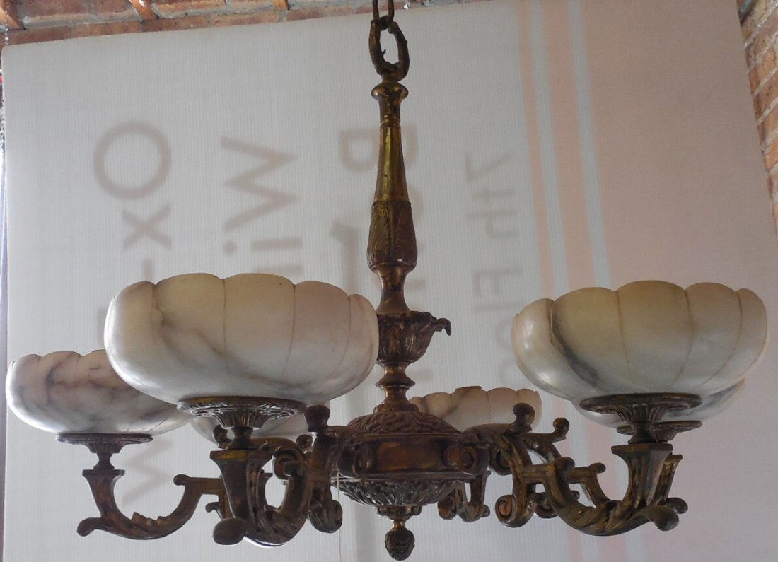 Brass 6 Arm Chandelier with Alabaster Shades: Brass 6 Arm Chandelier with Alabaster Shades