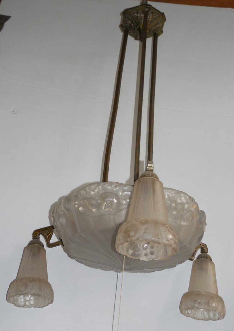 French Bronze 3 Arm Bowl Fixture, Frosted Bowl, Art Gla: French Bronze 3 Arm Bowl Fixture, Frosted Bowl, Art Glass Shades