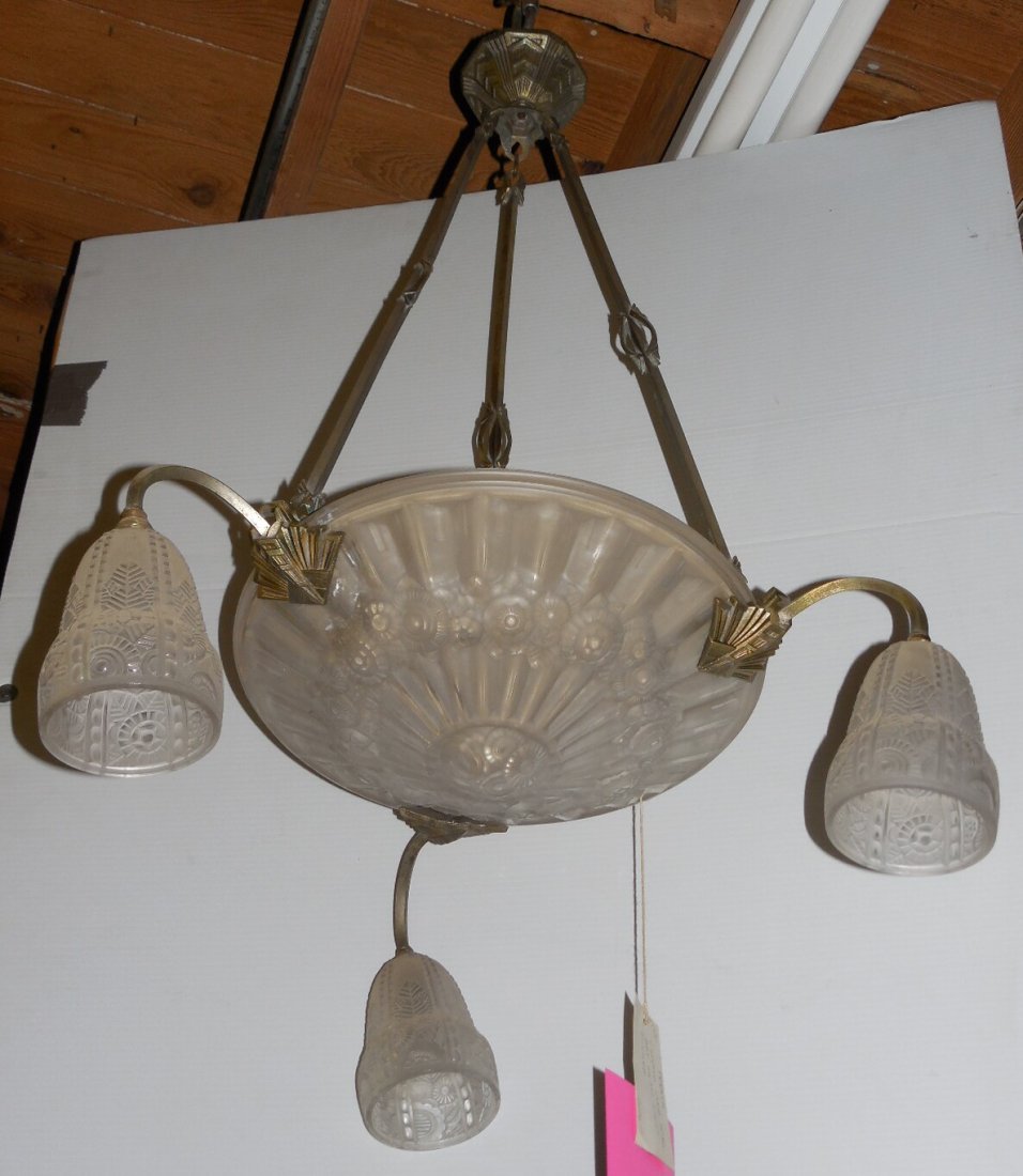 French Nickel Finish Art Deco 3 Arm Bowl Fixture, Shade: French Nickel Finish Art Deco 3 Arm Bowl Fixture, Shades and Bowl Match