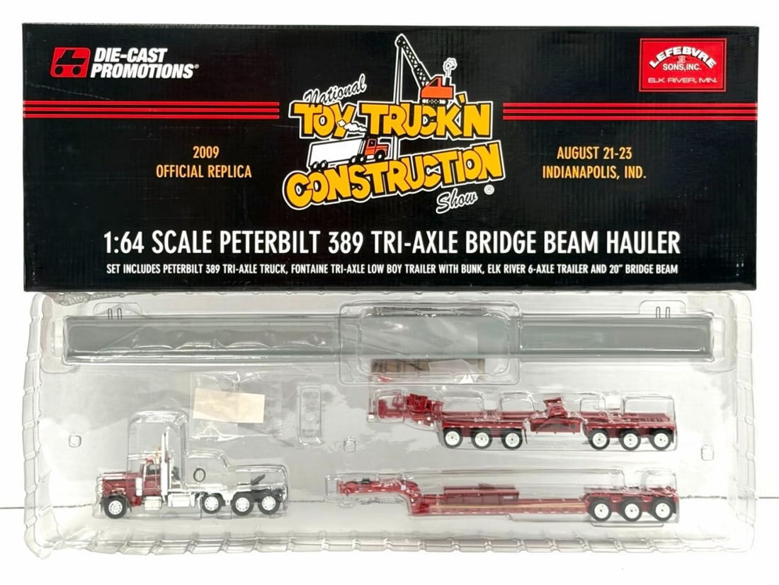 DCP 1:64 Lefebvre Sons Inc. Peterbilt 389 Tri-Axle Bridge Beam Hauler with Box: DCP 1:64 Lefebvre Sons Inc. Peterbilt 389 Tri-Axle Bridge Beam Hauler with Box, 2009 Official Replica, August 21-23 Indianapolis, IN.? National Toy Truck'n Construction Show.? Truck is in new conditio