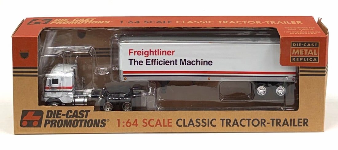 DCP 1:64 Freightliner "The Efficient Machine" Tractor and Trailer in Box: DCP 1:64 Freightliner "The Efficient Machine" Tractor and Trailer in Box.? Item No. 32033, Stock # 3158.? Truck, Trailer and Box are in like new condition.