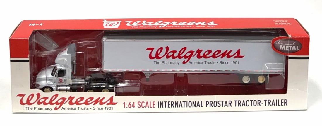 DCP 1:64 Walgreens Pharmacy International Prostar Tractor and Trailer in Box: DCP 1:64 Walgreens Pharmacy International Prostar Tractor and Trailer in Box, Item No. 31497, Stock No. 1837.? Truck, Trailer and Box are all in good condition.