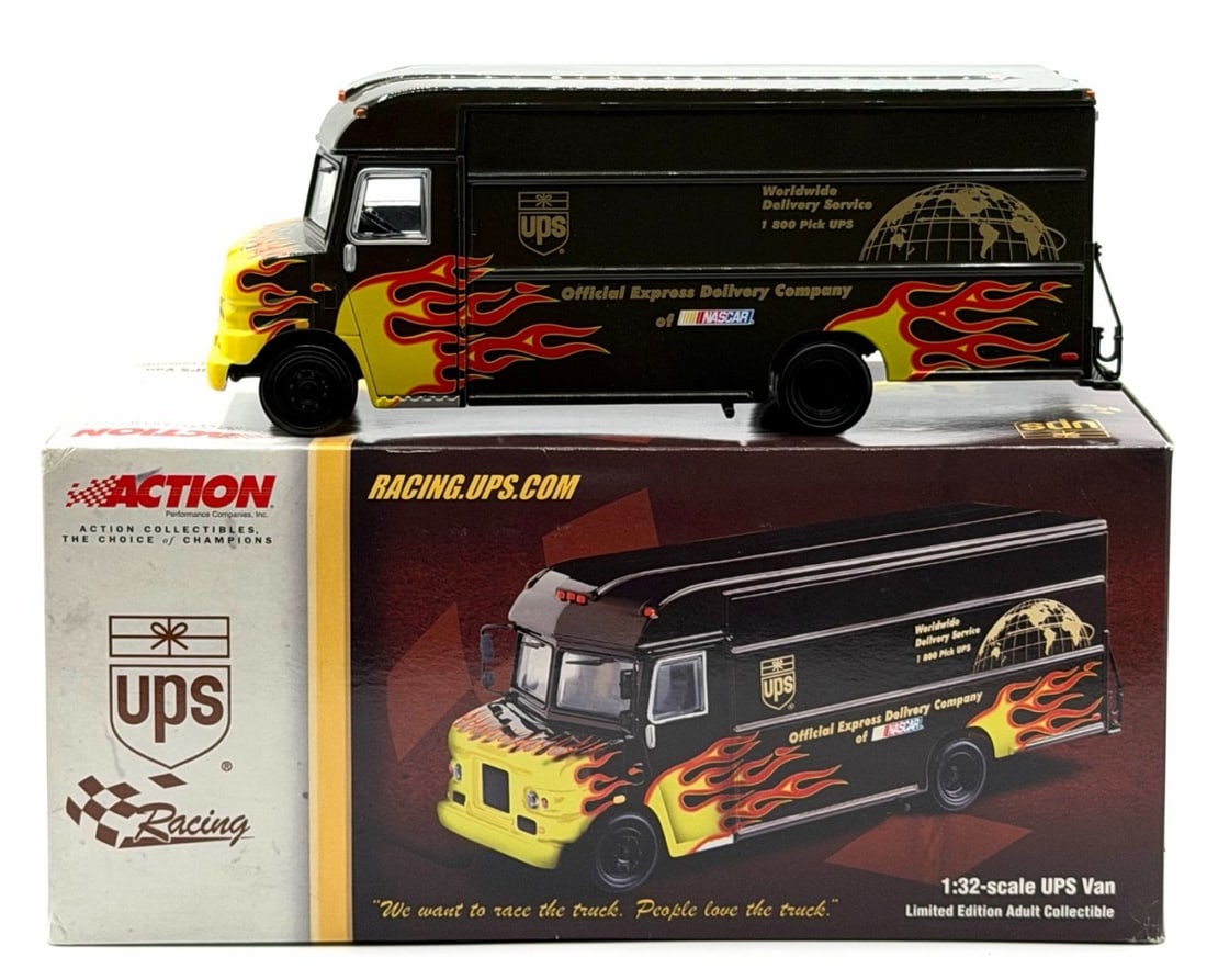 1:32 Action Racing NASCAR 2001 UPS Flame Van Limited Edition in Box: 1:32 Action Racing NASCAR 2001 UPS Flame Van Limited Edition in Box.? #101641.? Van is in like new condition and displays nicely, Box is in good condition with minimal wear on corners and edges due to