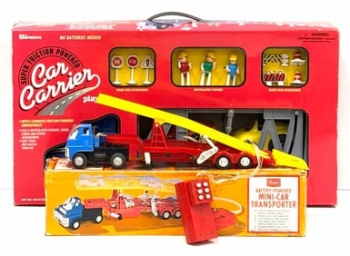 Vintage SEARS Batter Op. Mini-Car Transporter & Supertoys Friction Car Carrier Playset in Boxes