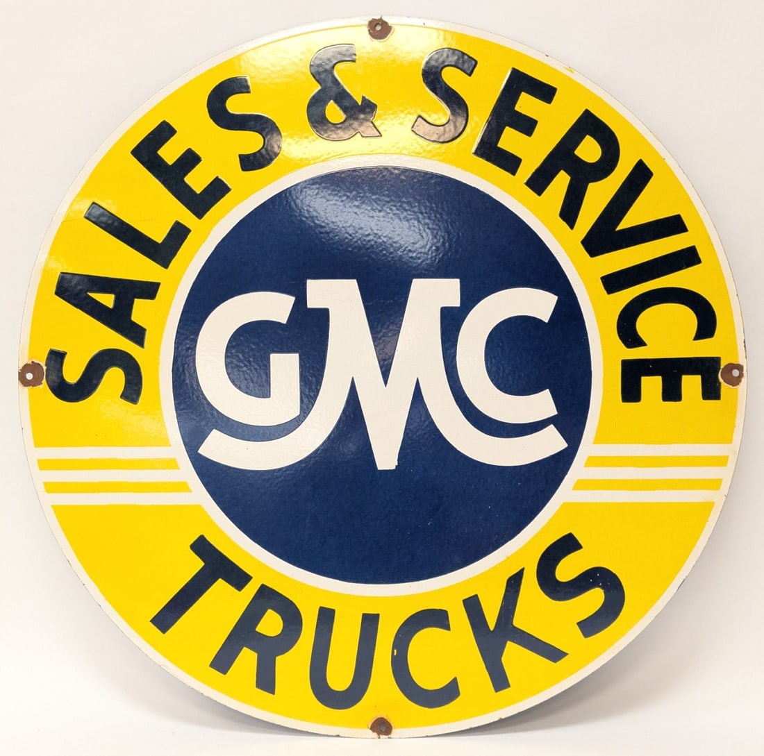 SSP Fantasy GMC Trucks Sales & Service 30in Sign: Sign is in nice condition with purpose done patina and wear. 30in Diameter.