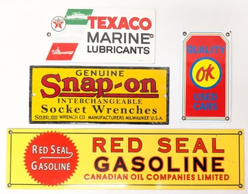 (4) Fantasy SSP Snap-On, Texaco, Red Seal, and OK Used Cars Plaques