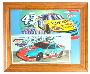 Framed Richard Petty & John Andretti Autographed Commemorative License Plates