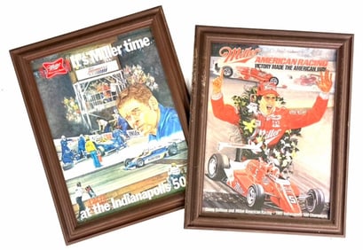 (2) Vtg. Advertising Miller Lite Indianapolis 500 Framed Danny Sullivan & Bobby Unser Posters