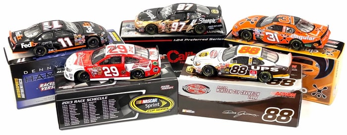 (5) 1:24 Autographed Kevin Harvick, Jeff Burton, Kurt Busch, Dale Jarret, & Denny Hamlin Diecast Col