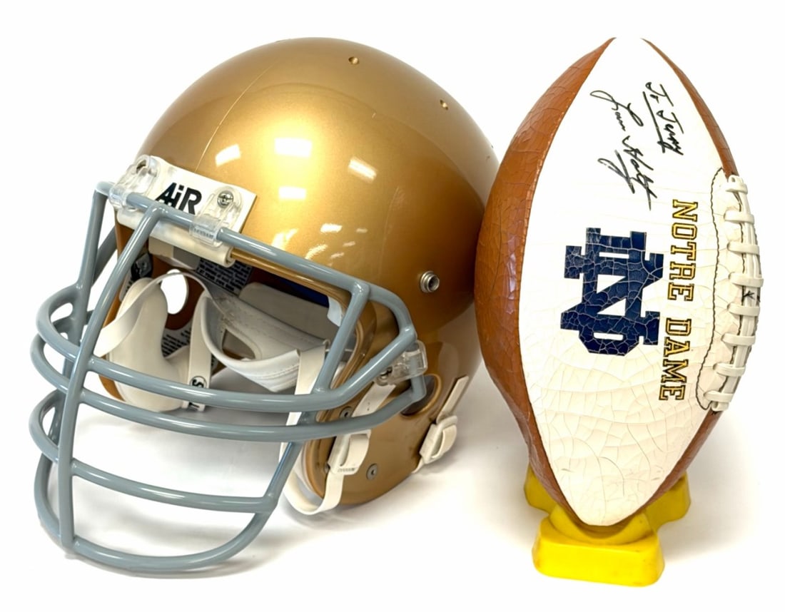 (2) University Of Notre Dame Football Practice Helmet & Lou Holtz Autographed Football: (2) University Of Notre Dame Fighting Irish Football Practice Helmet & Autographed Football. Including University Of Notre Dame Fighting Irish Schutt Practice Football Helmet With Air Padding. Helmet 