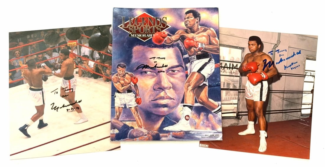 (3) Autographed Muhammad Ali Boxing Memorabilia: (3) Autographed Muhammad Ali Boxing Memorabilia. This Lot Contains 1993 Autographed Ali Legend Sports Book. This Lot Also Contains 2 8x10 Autographed Photos "To Terry" From Muhammad Ali. 1 Photo Inclu