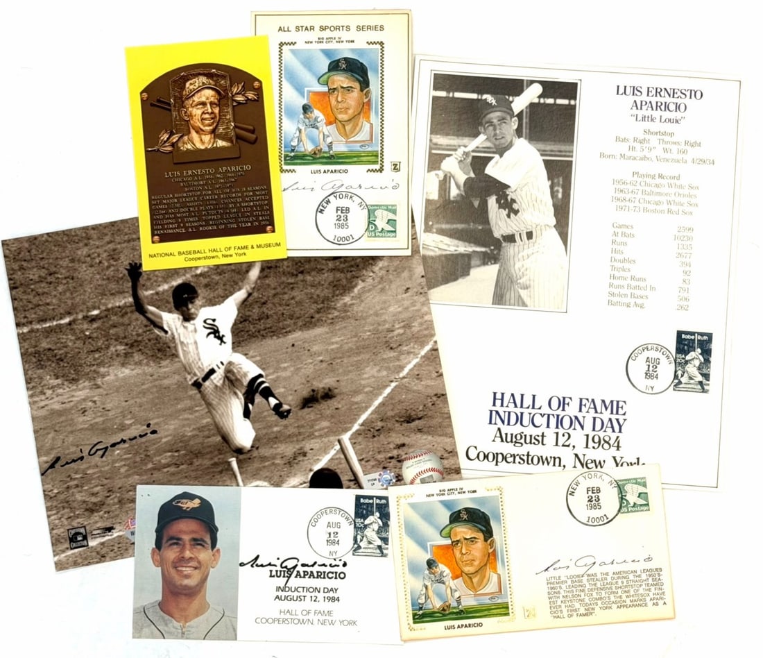 (3) Luis Aparicio Autographed Baseball Memorabilia: (3) Luis Aparicio Autographed Baseball Memorabilia. This Lot Contains An 8x10 Autographed Photo Of Luis Aparicio With The MLB Authenticity Numbered Sticker. This Lot Also Contains 3 Autographed Post C