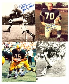 (4) Autographed Bart Starr, Tim Brown, Art Donovan, & Johnny Lattner Photos