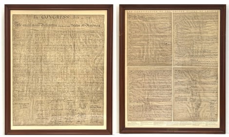Declaration & US Constitution Framed 1950's Lithographs by Theodore Ohman