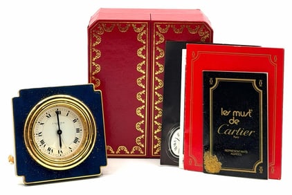 Vintage Cartier Paris Lapis Lacquer Desk Clock in Box