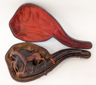 Antique Horse & Hound Carved Meerschaum Pipe w/ Case