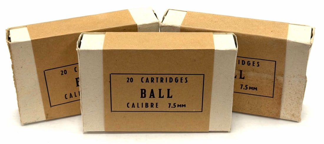 60 Rounds 7.5 mm French Military Surplus Rifle Ammo in Boxes: 60 Rounds 7.5 mm French Military Surplus Rifle Ammo in Boxes.? This lot contains three original boxes of 7.5 mm French rifle ammo.? 20 rounds per box.? A great lot to own and collect