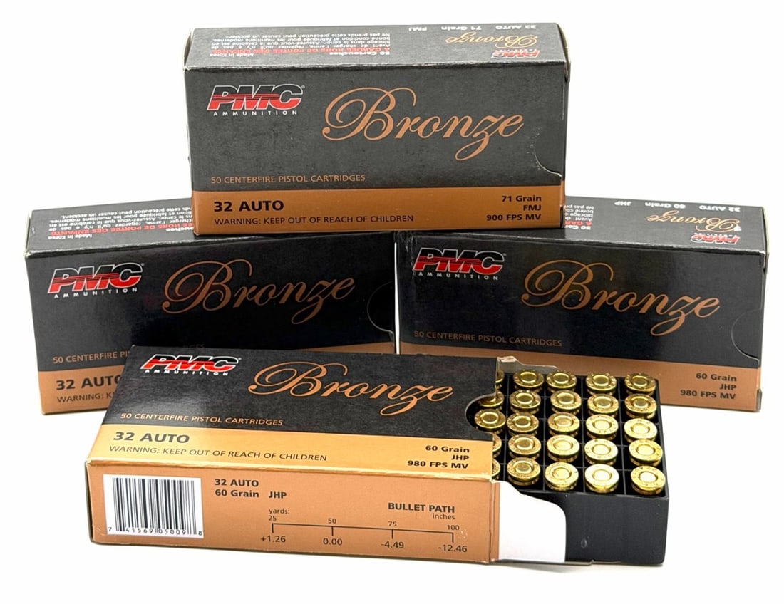 200 Rounds PMC Bronze 32 Auto Pistol Ammo NIB: 200 Rounds PMC Bronze 32 Auto Pistol Ammo NIB. Four boxes of PMC bronze 32 auto. Boxes all read 60gr JHP