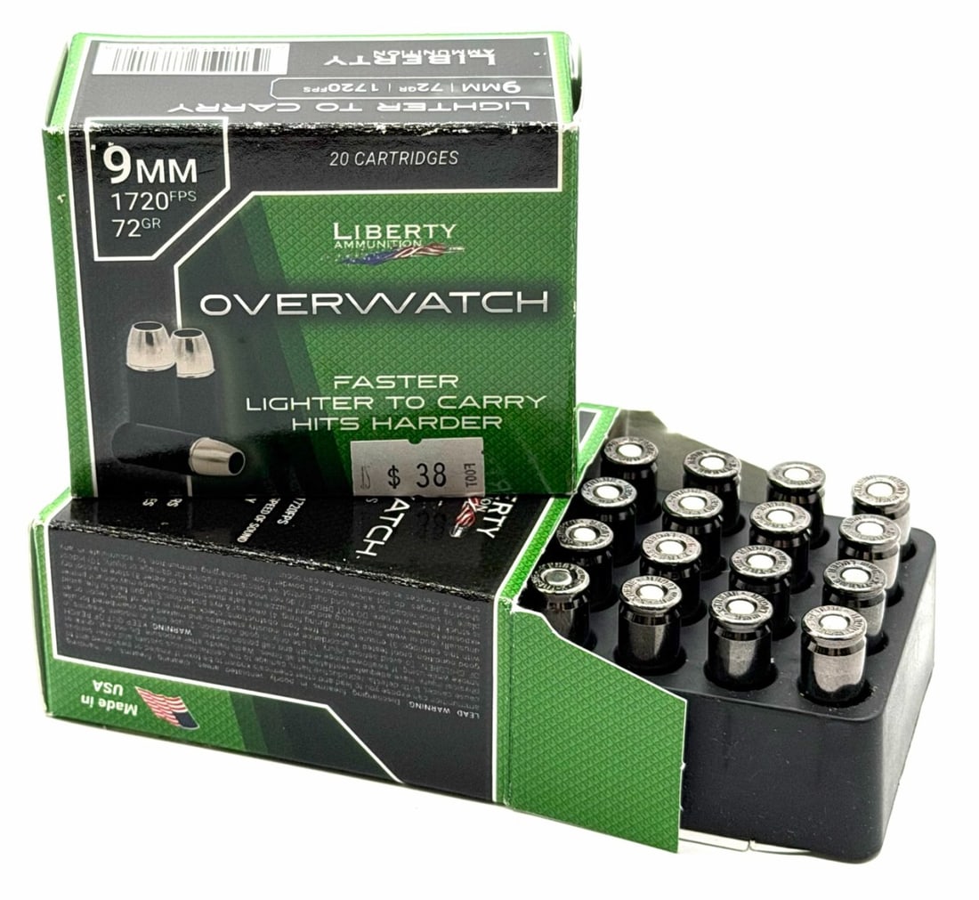40 Rounds Liberty Overwatch 9mm Pistol Ammo NIB: 40 Rounds Liberty Overwatch 9mm Pistol Ammo NIB. The Liberty Overwatch 9mm boxes read 72GR 1720 FPS.