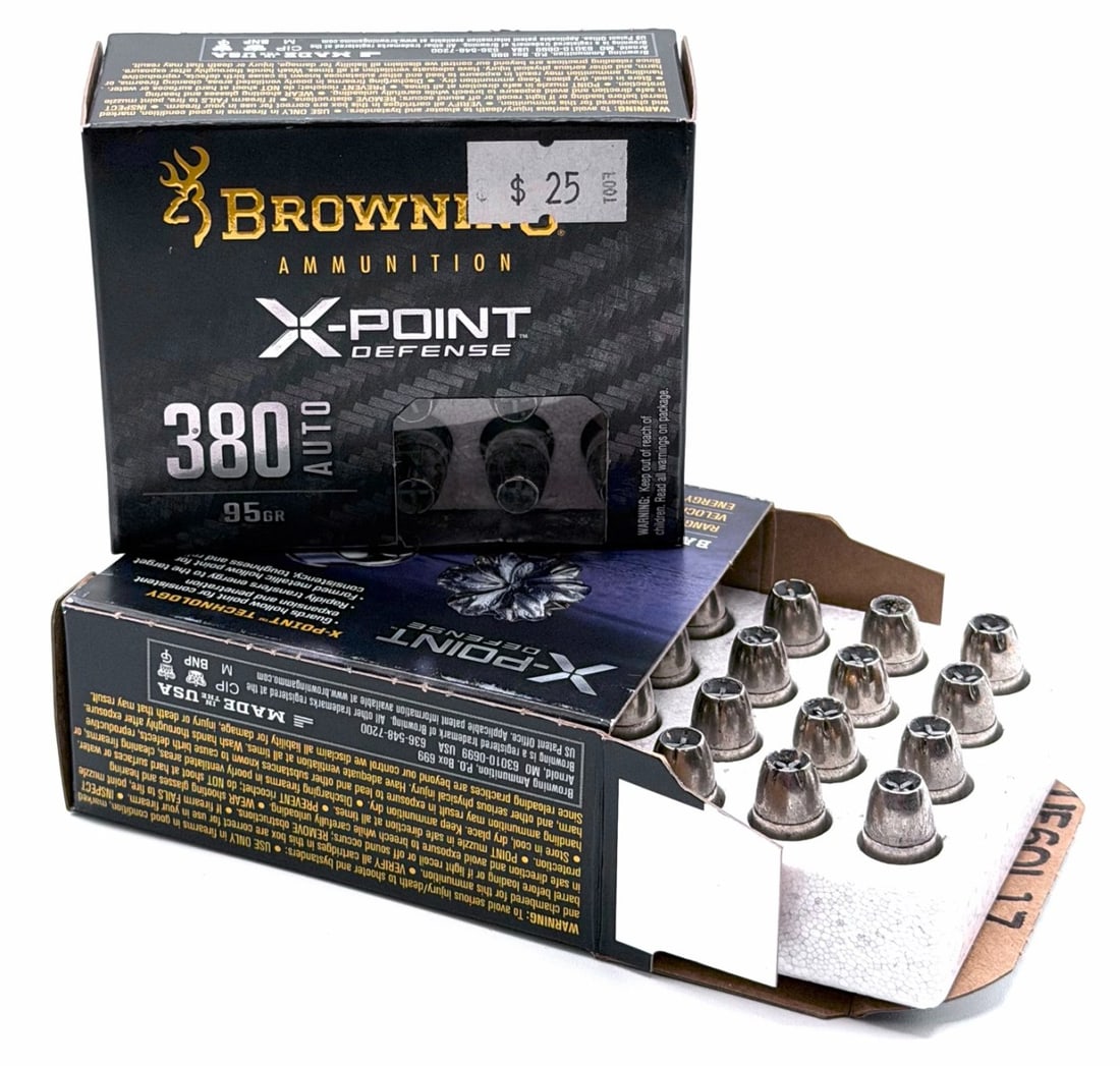 40 Rounds Browning X-Point Defense 380 Auto Pistol Ammo NIB: 40 Rounds Browning X-Point Defense 380 Auto Pistol Ammo NIB. The Browning X-Point Defense 380 Auto Pistol Ammo boxes read 95GR.