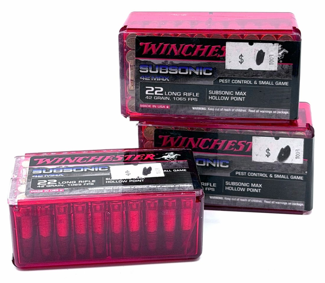 150 Rounds Winchester Subsonic 22 LF Pistol Ammo NIB: 150 Rounds Winchester Subsonic 22 LF Pistol Ammo NIB. The Winchester Subsonic 22 LF ammo boxes read 42GR 1065fps Subsonic Max Hollow Point.