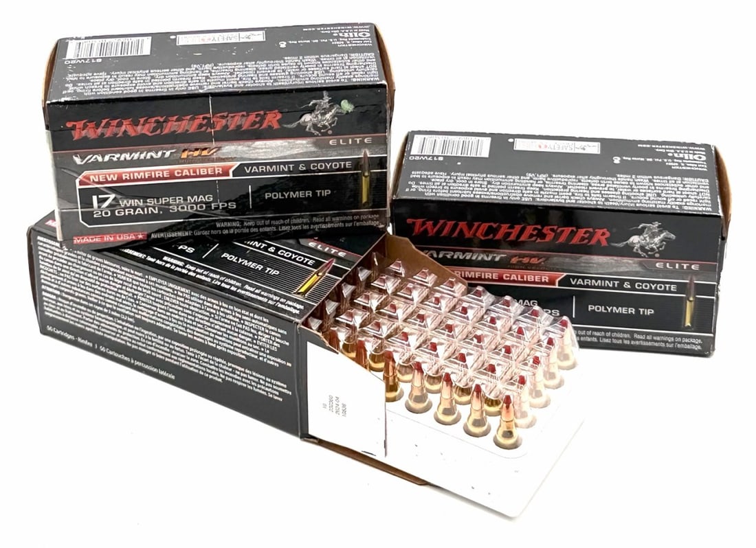 150 Rounds Winchester 17 WIN Super Mag Pistol Ammo NIB: 150 Rounds Winchester 17 WIN Super Mag Pistol Ammo NIB. The Winchester 17 WIN Super Mag ammo boxes read Varmint HV 20GR 3000fps.