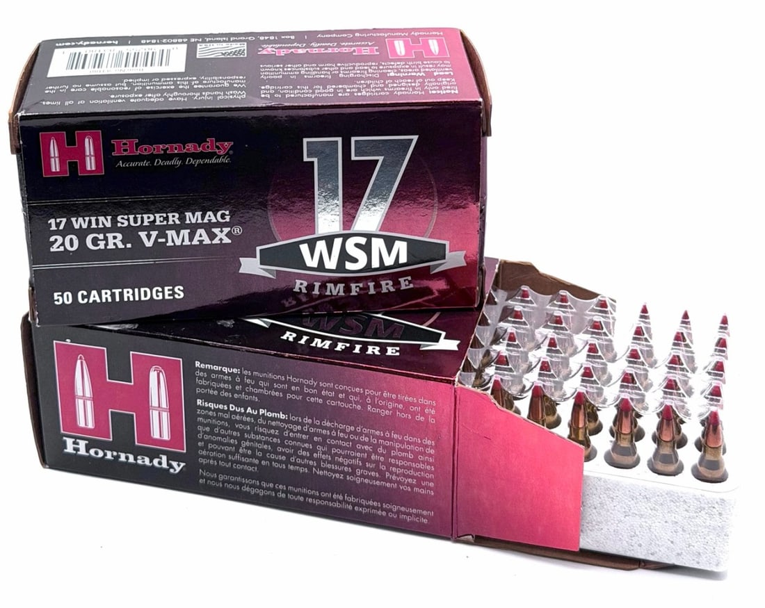 100 Rounds Hornady 17 WIN Super Mag Rifle Ammo NIB: 100 Rounds Hornady 17 WIN Super Mag Rifle Ammo NIB. The Hornady 17 WIN Super Mag Rifle Ammo boxes read 20GR V-Max.