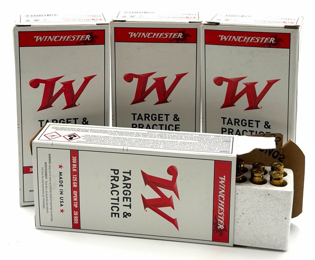 80 Rounds Winchester 300 Blackout Target & Practice Rifle Ammo NIB: 80 Rounds Winchester 300 Blackout Target & Practice Rifle Ammo NIB. The Winchester 300 Blackout Target & Practice Rifle Ammo boxes read 125GR Open Tip-Range.