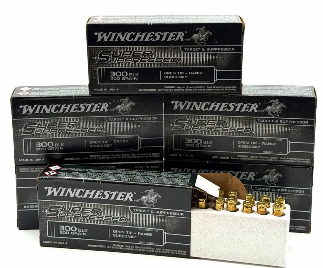 120 Winchester Super Suppressed 300 Black Rifle Ammo NIB: 120 Winchester Super Suppressed 300 Black Rifle Ammo NIB. The Winchester Super Suppressed 300 Black Rifle Ammo boxes read 200GR Open Tip-Range Subsonic.?