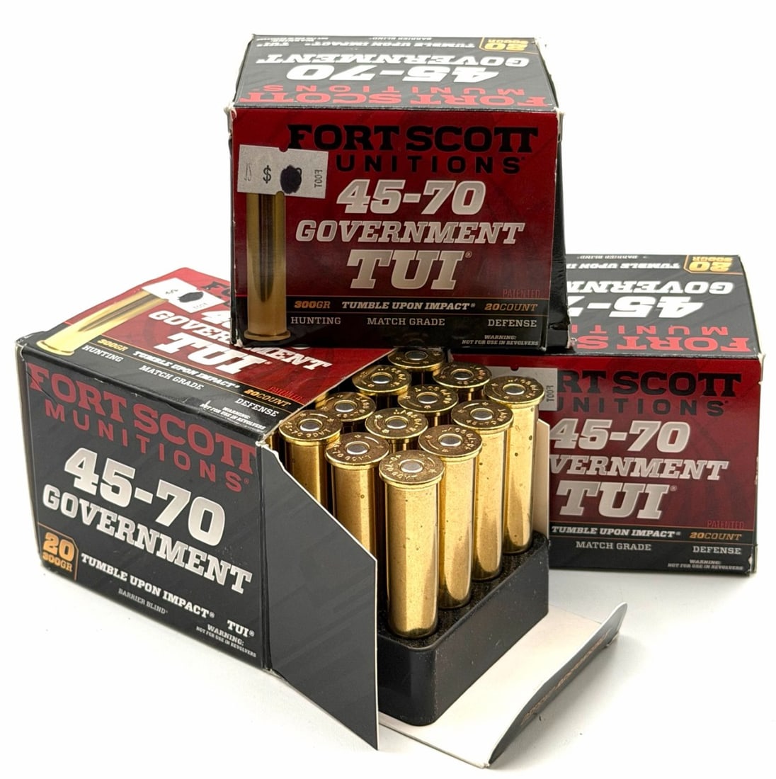 60 Rounds Fort Scott Unitions 45-70 Government TUI Rifle Ammo NIB: 60 Rounds Fort Scott Unitions 45-70 Government TUI Rifle Ammo NIB. The Fort Scott Unitions 45-70 Government TUI Rifle Ammo boxes read 300GR Match Grade Defense.