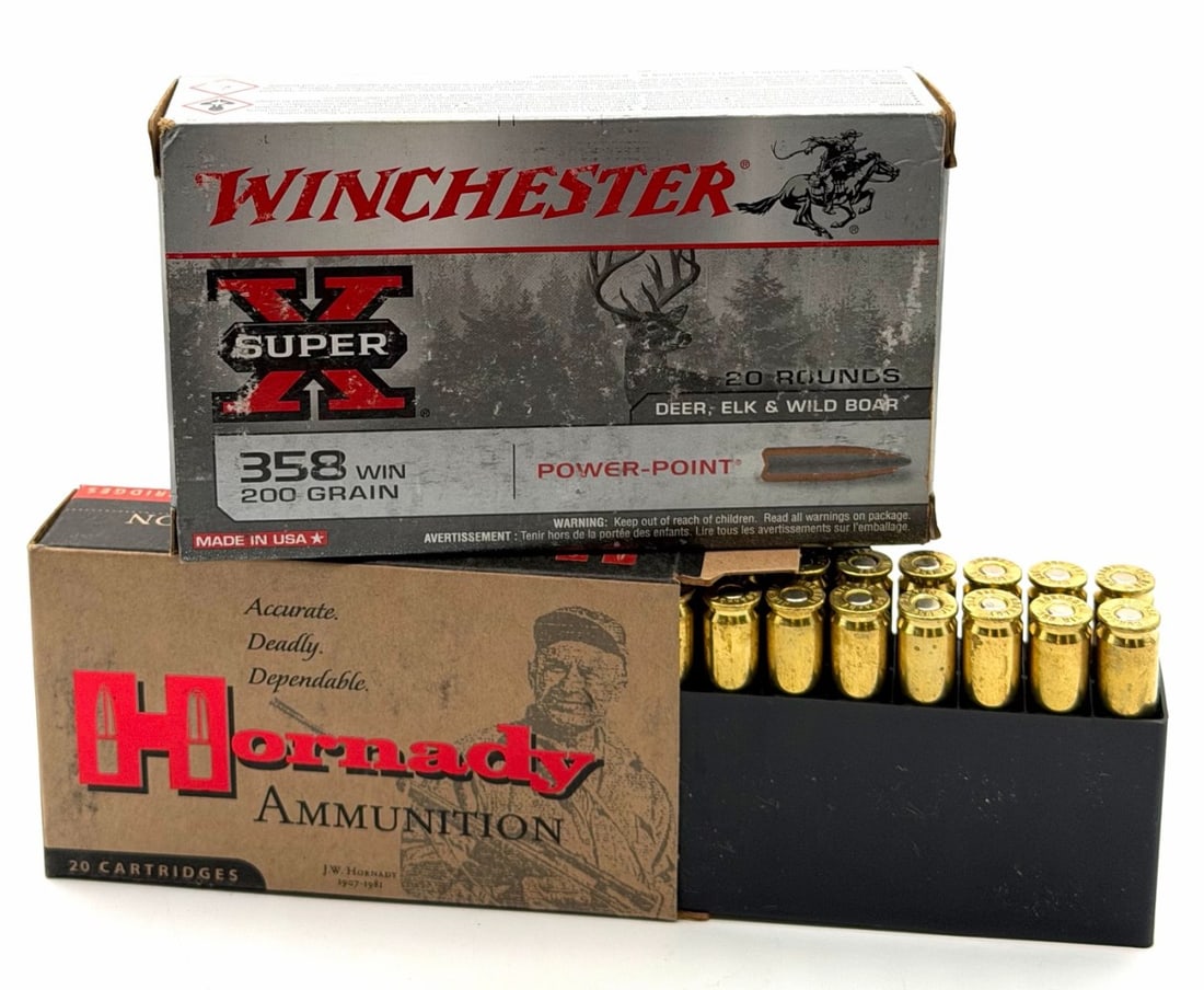 40 Rounds Hornady & Winchester 358 WIN Rifle Ammo NIB: 40 Rounds Hornady & Winchester 358 WIN Rifle Ammo NIB. The Hornady 358 WIN Rifle Ammo box reads 200GR SP 2475fps. The Winchester 358 WIN Rifle ammo box reads 200GR Power-Point.