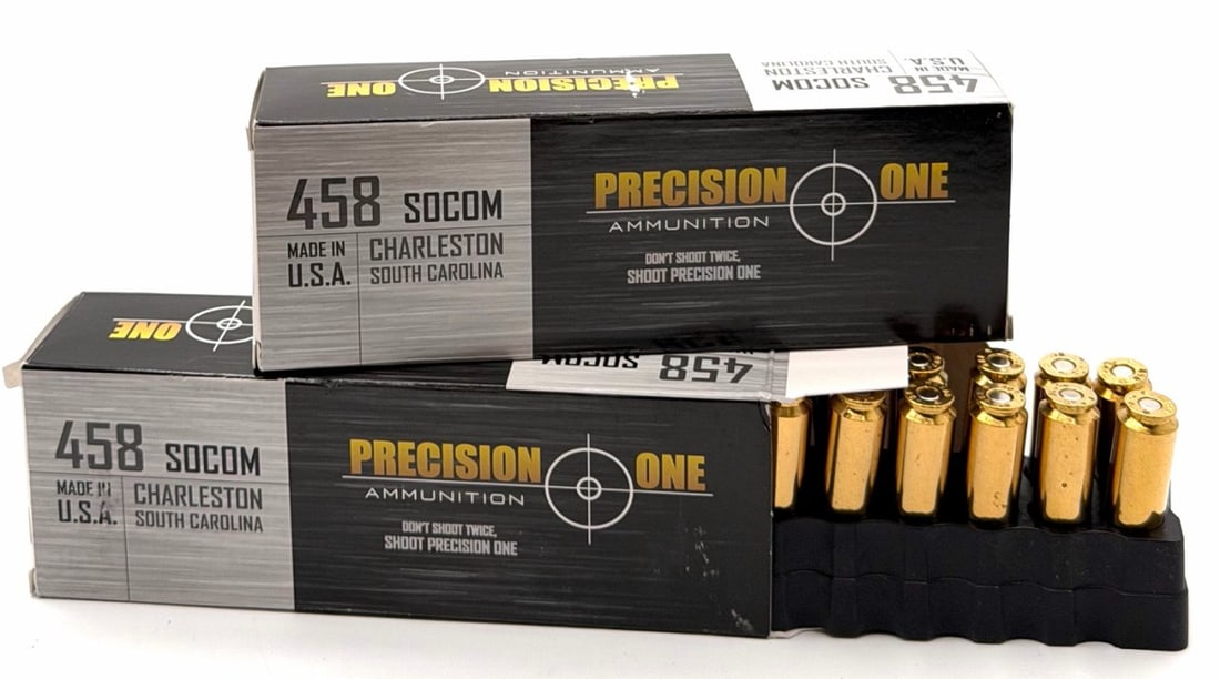 40 Rounds Precision One 458 SOCOM Rifle Ammo NIB: 40 Rounds Precision One 458 SOCOM Rifle Ammo NIB. The Precision One 458 SOCOM Rifle Ammo boxes read 350GR 1575fps.