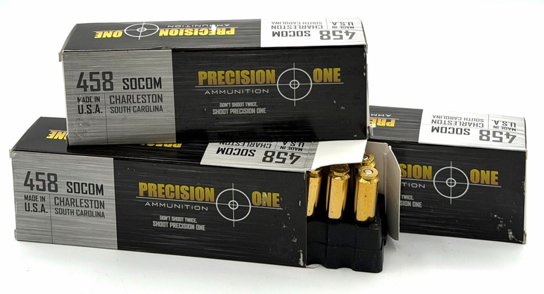 60 Rounds Precision One 458 SOCOM Rifle Ammo NIB: 60 Rounds Precision One 458 SOCOM Rifle Ammo NIB. The Precision One 458 SOCOM Rifle Ammo boxes read 350GR 1575fps.