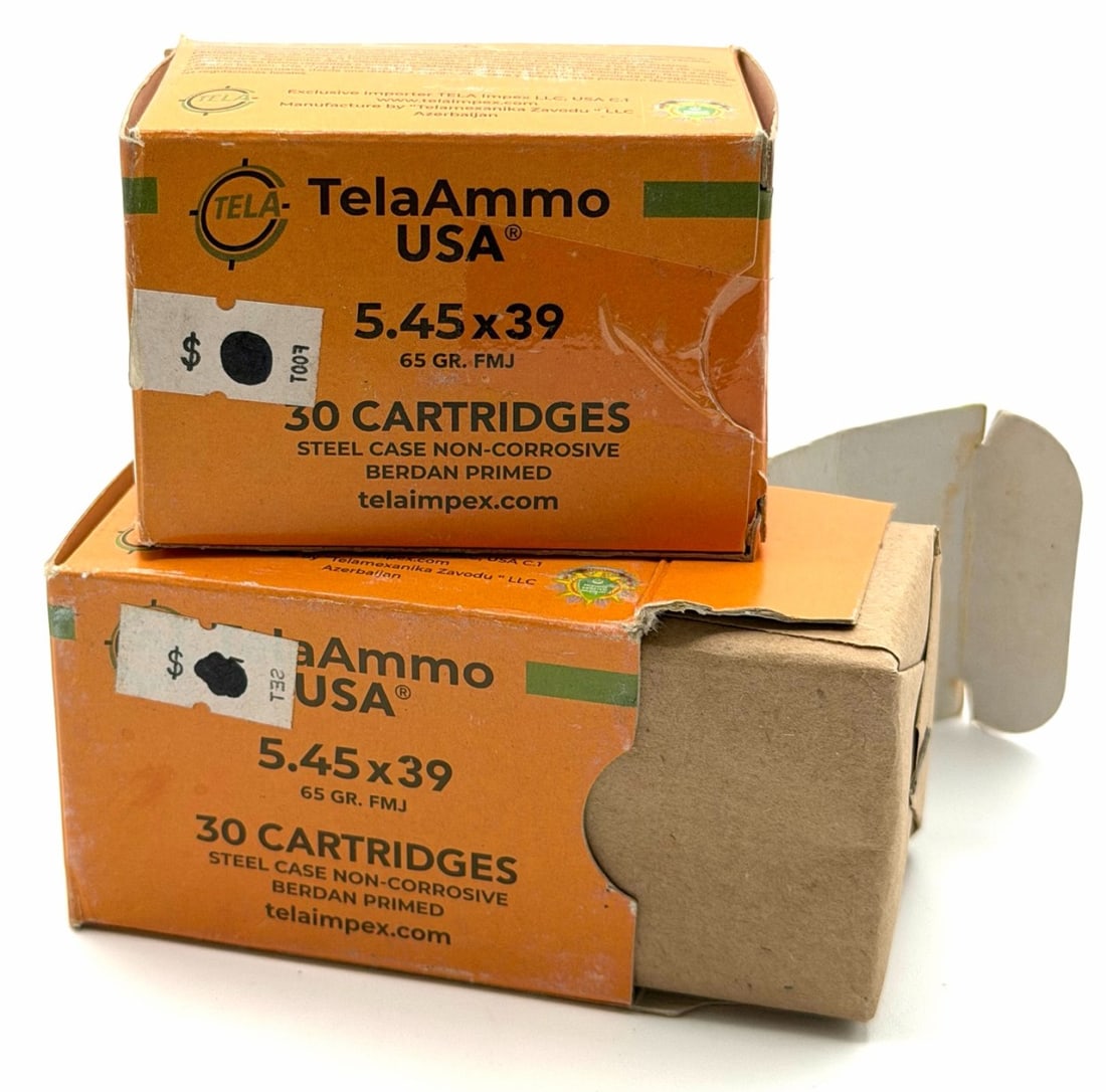 60 Rounds TelaAmmo USA 5.45 x 39 Rifle Ammo NIB: 60 Rounds Tela Ammo USA 5.45 x 39 Rifle Ammo NIB. The two Tela Ammo USA boxes read 65GR FMJ.