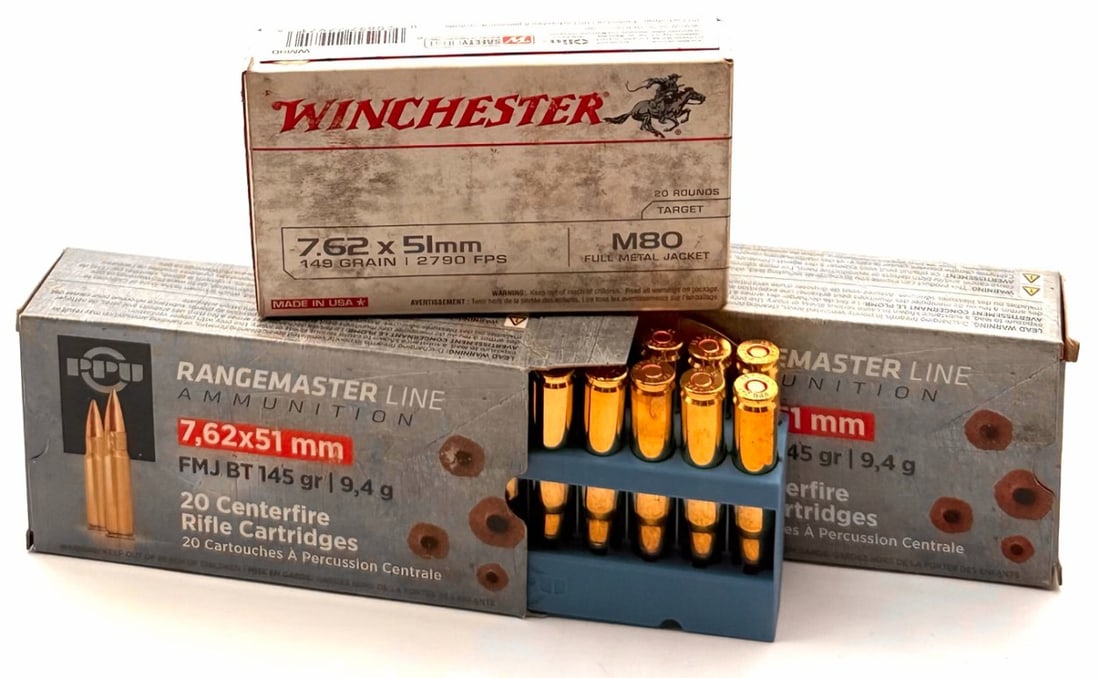 60 Rounds Winchester & PPU 7.62 x 51mm Rifle Ammo NIB: 60 Rounds Winchester & PPU 7.62 x 51mm Rifle Ammo NIB. The? PPU boxes read FMJ BT 145GR. The Winchester ammo box reads 149GR FMJ M80.