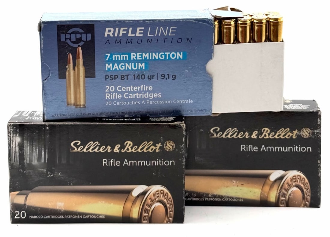 60 Rounds Sellier & Bellot & PPU 7mm REM Mag Rifle Ammo NIB: 60 Rounds Sellier & Bellot & PPU 7mm REM Mag Rifle Ammo NIB. The Sellier & Bellot boxes read 140GR 9.1G. The PPU box reads 140GR 9.1G.