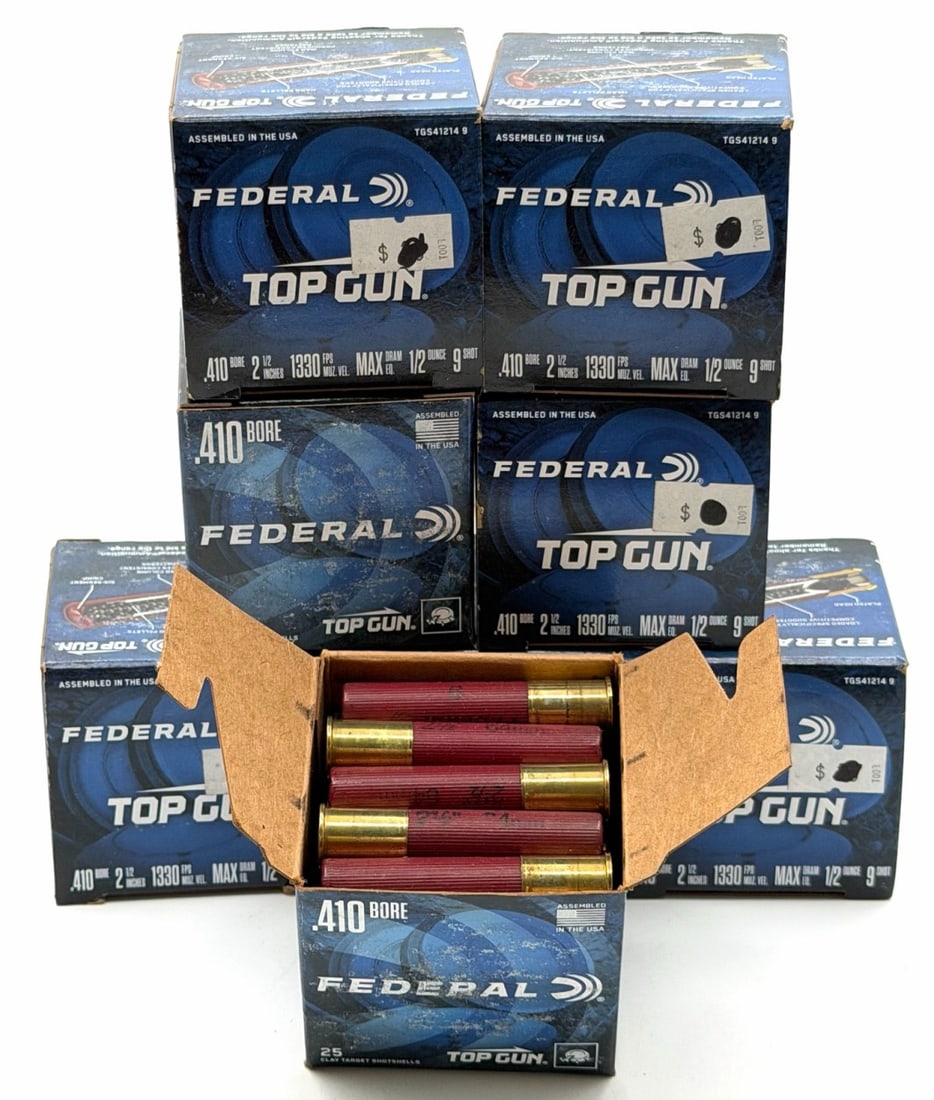 200 Rounds Federal Top Gun 410 9 Shot Shotgun Ammo NIB: 200 Rounds Federal Top Gun 410 9 Shot Shotgun Ammo NIB. This lot contains eight boxes of the Federal Top Gun ammo. Boxes read 2 1/2 Inches and 1/2 oz, made in the USA.