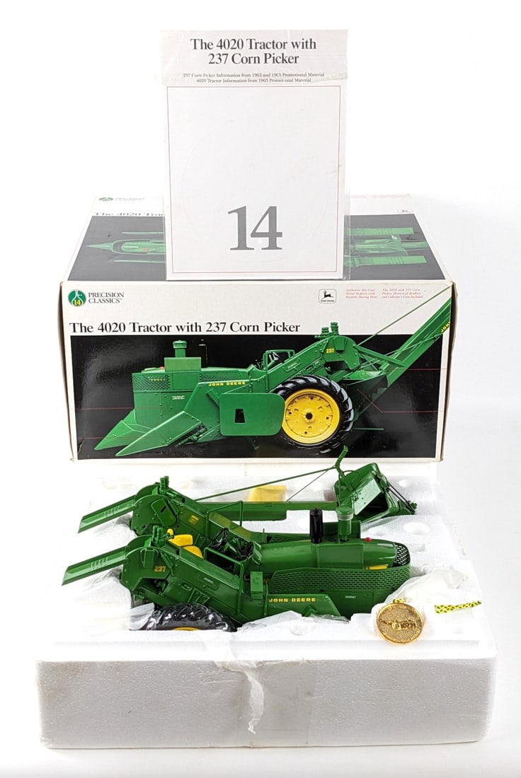 1/16 Ertl John Deere 4020 Tractor with 237 Corn Picker Precision Classics #14: 1/16 Ertl John Deere 4020 Tractor with 237 Corn Picker. Precision Classics Series #14. Good condition new in the box and highly detailed. Comes with the historical booklet and collector's coin.