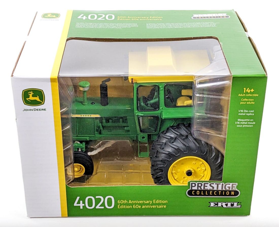 1/16 Ertl John Deere 4020 Tractor w/ Duals & Cab Prestige Collection: 1/16 Ertl John Deere 4020 tractor with duals and cab. 60th Anniversary Edition part of the Prestige Collection Series. Good condition new in the box.