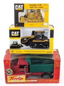 1/32 Norscot CAT Challenger 95E, 1/50 Ertl CAT D10N Bulldozer, and Tonka Dump Truck